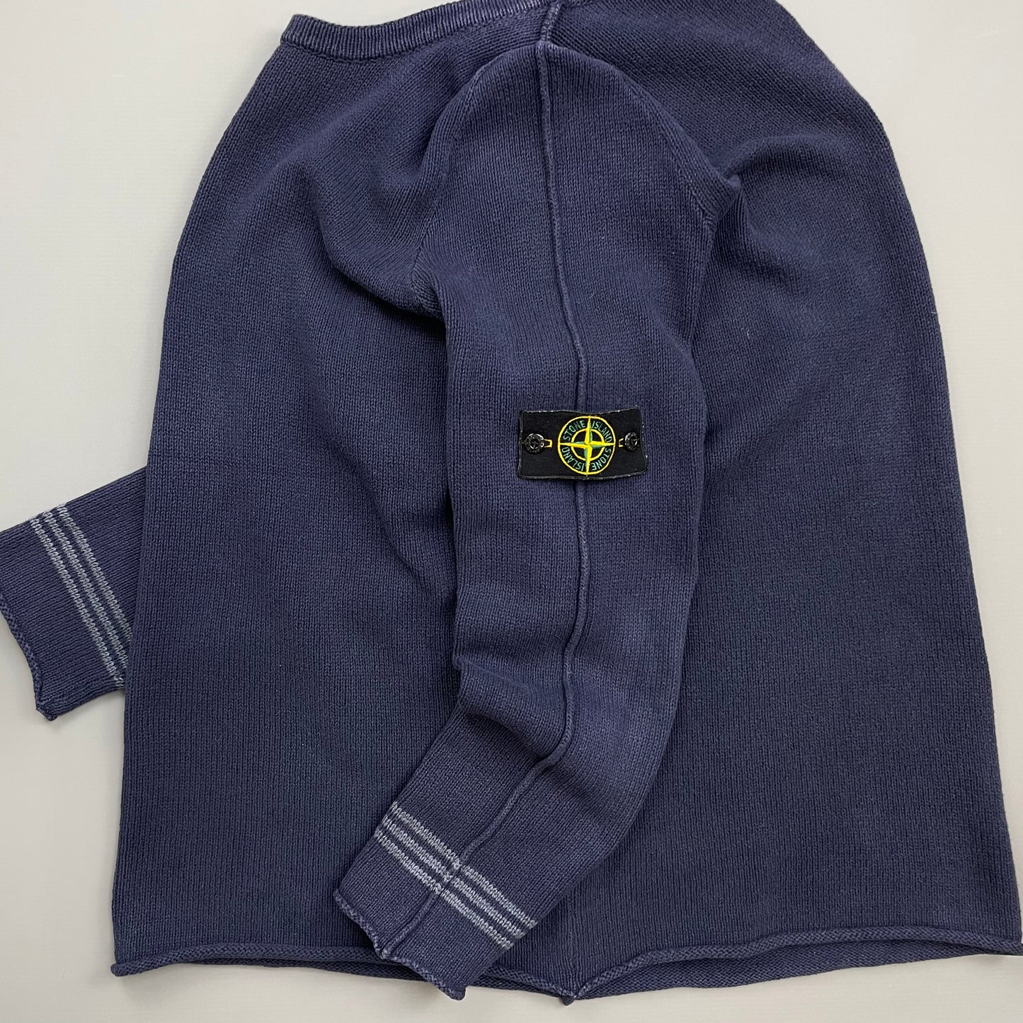 Stone Island Navy SS03 Silk-Cotton Blend Raw-Edge Striped Cuff Knit Jumper