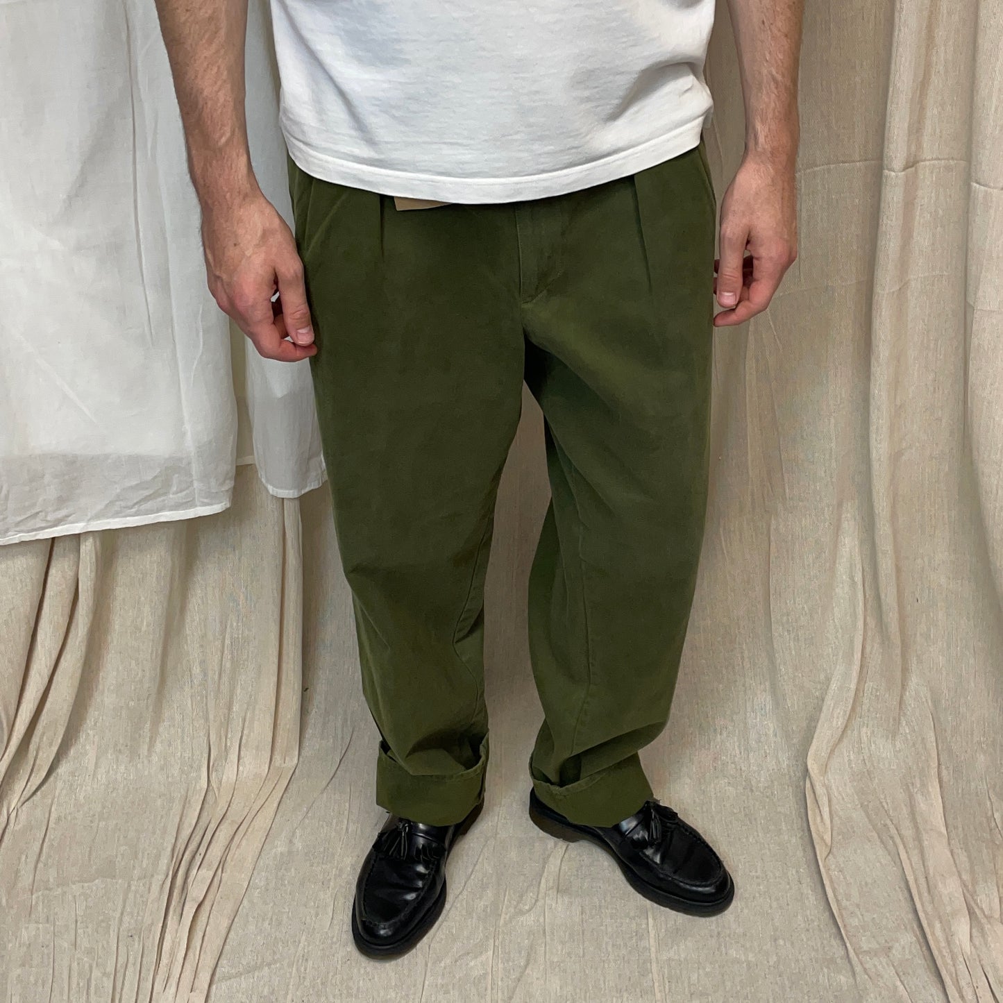 Armani Jeans Khaki Green 1990s Cotton Pleat Trouser BNWT