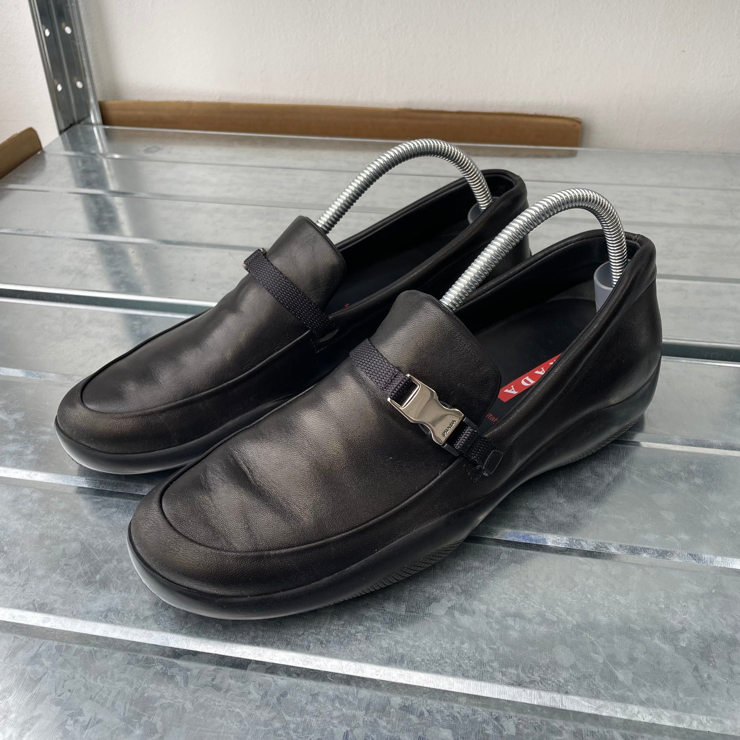Prada Sport Black AW03 Women's Donatella Leather Buckle Loafers