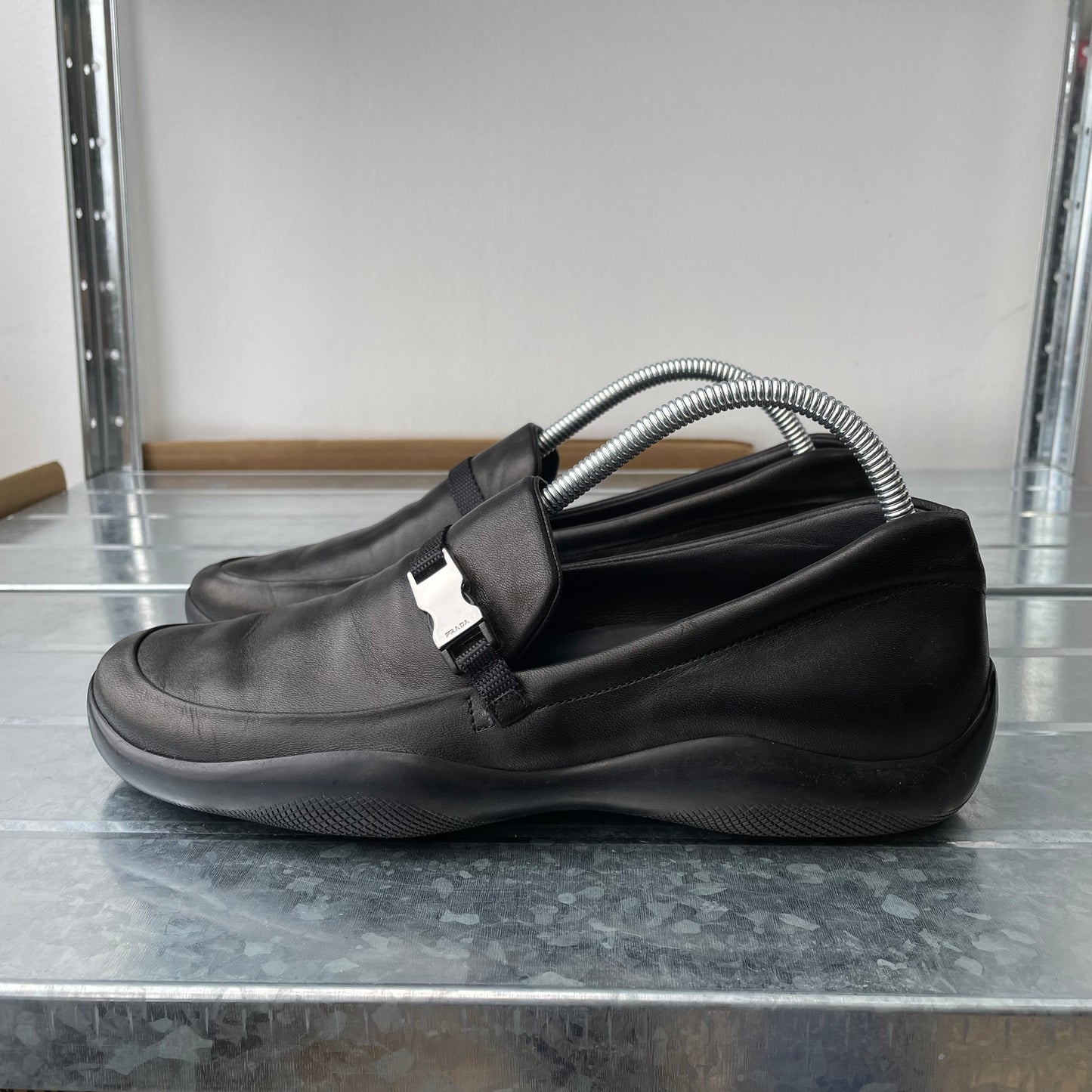 Prada Sport Black AW03 Women's Donatella Leather Buckle Loafers