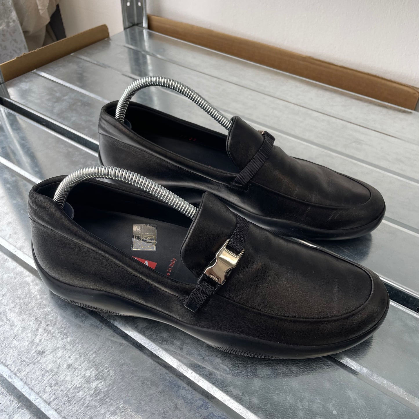 Prada Sport Black AW03 Women's Donatella Leather Buckle Loafers