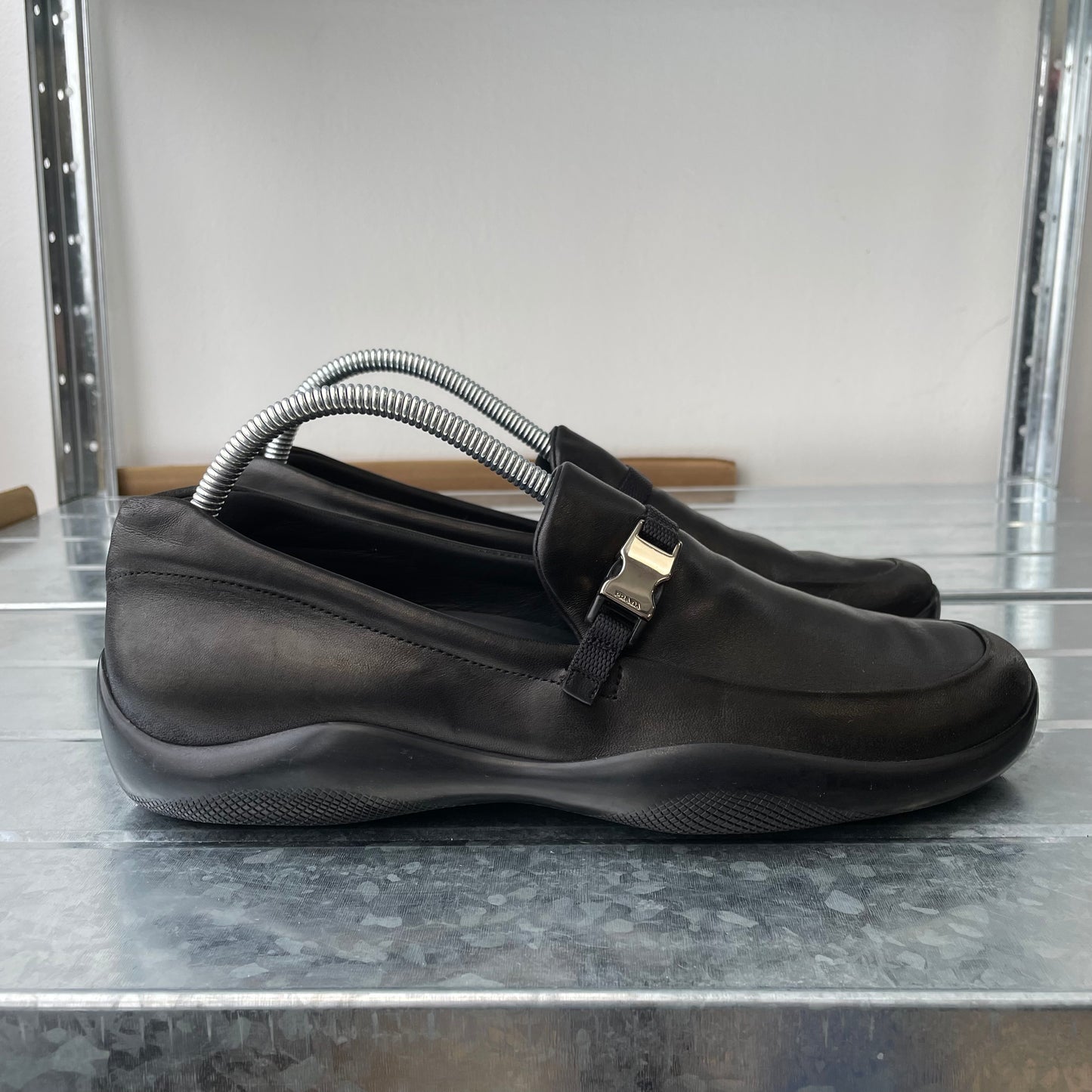Prada Sport Black AW03 Women's Donatella Leather Buckle Loafers