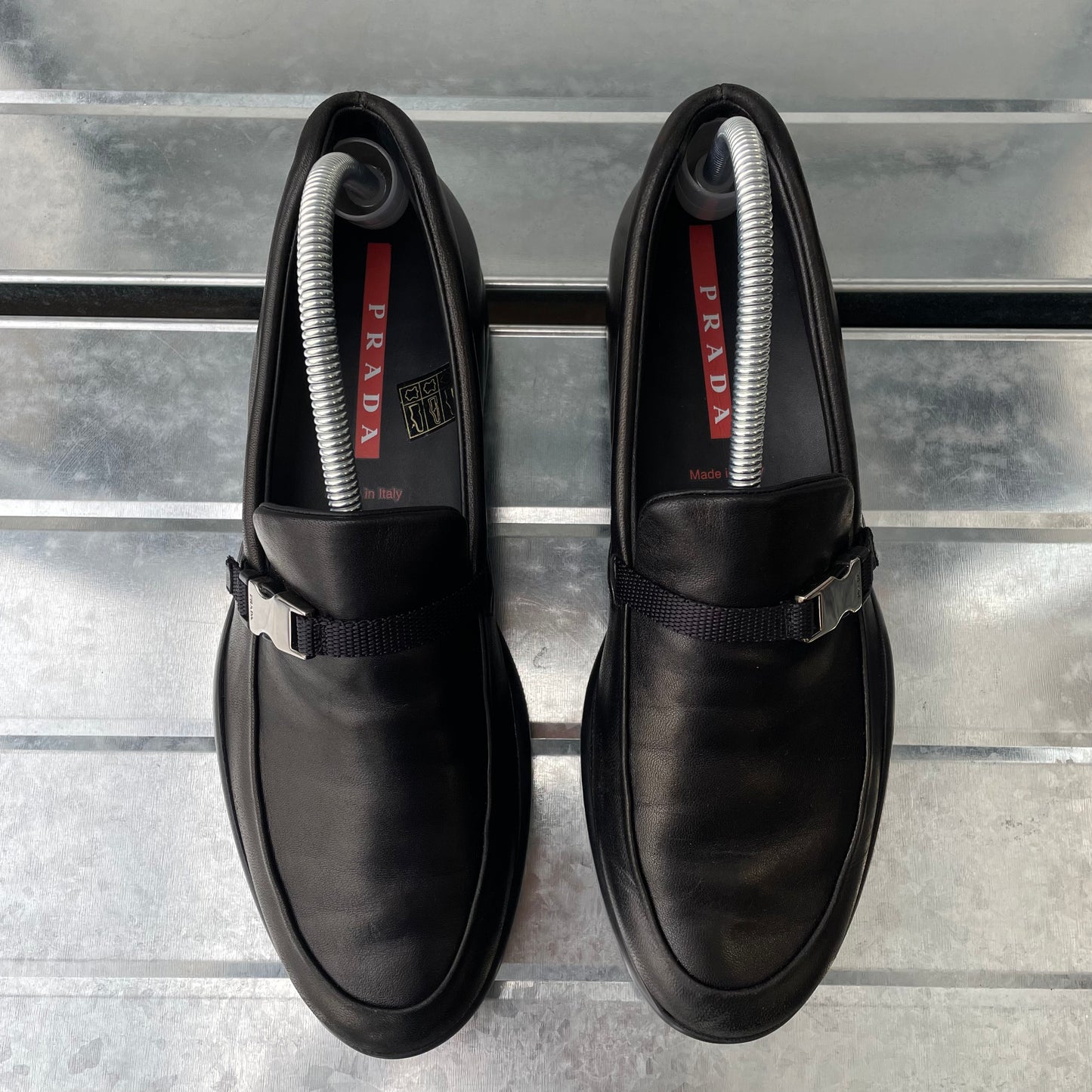 Prada Sport Black AW03 Women's Donatella Leather Buckle Loafers