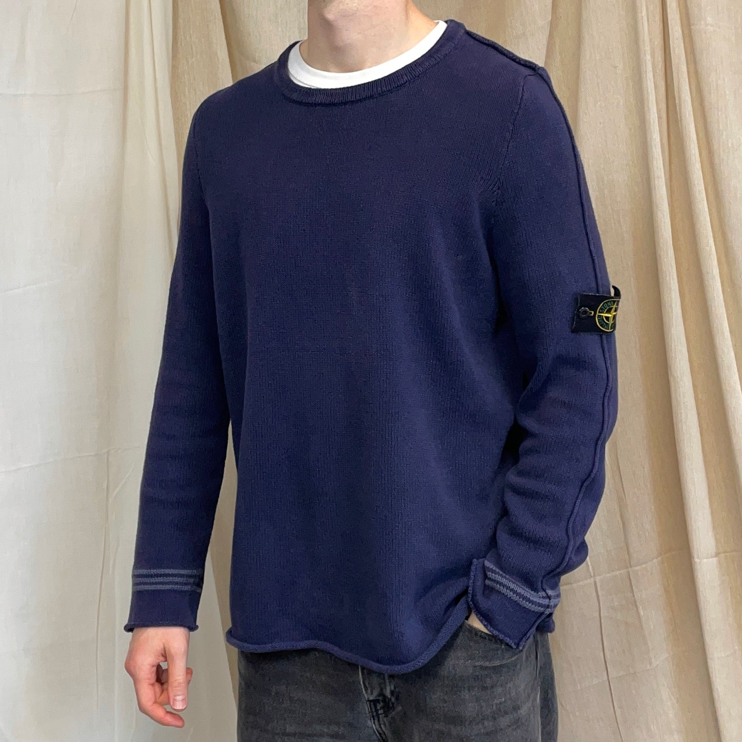 Stone Island Navy SS03 Silk-Cotton Blend Raw-Edge Striped Cuff Knit Jumper