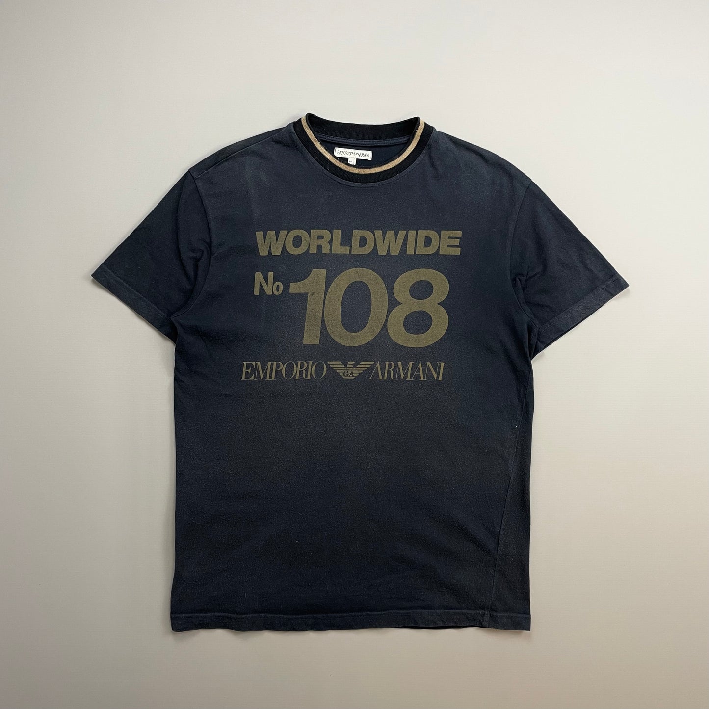 Emporio Armani Navy 1990s Reflective Print 'Worldwide' Tee