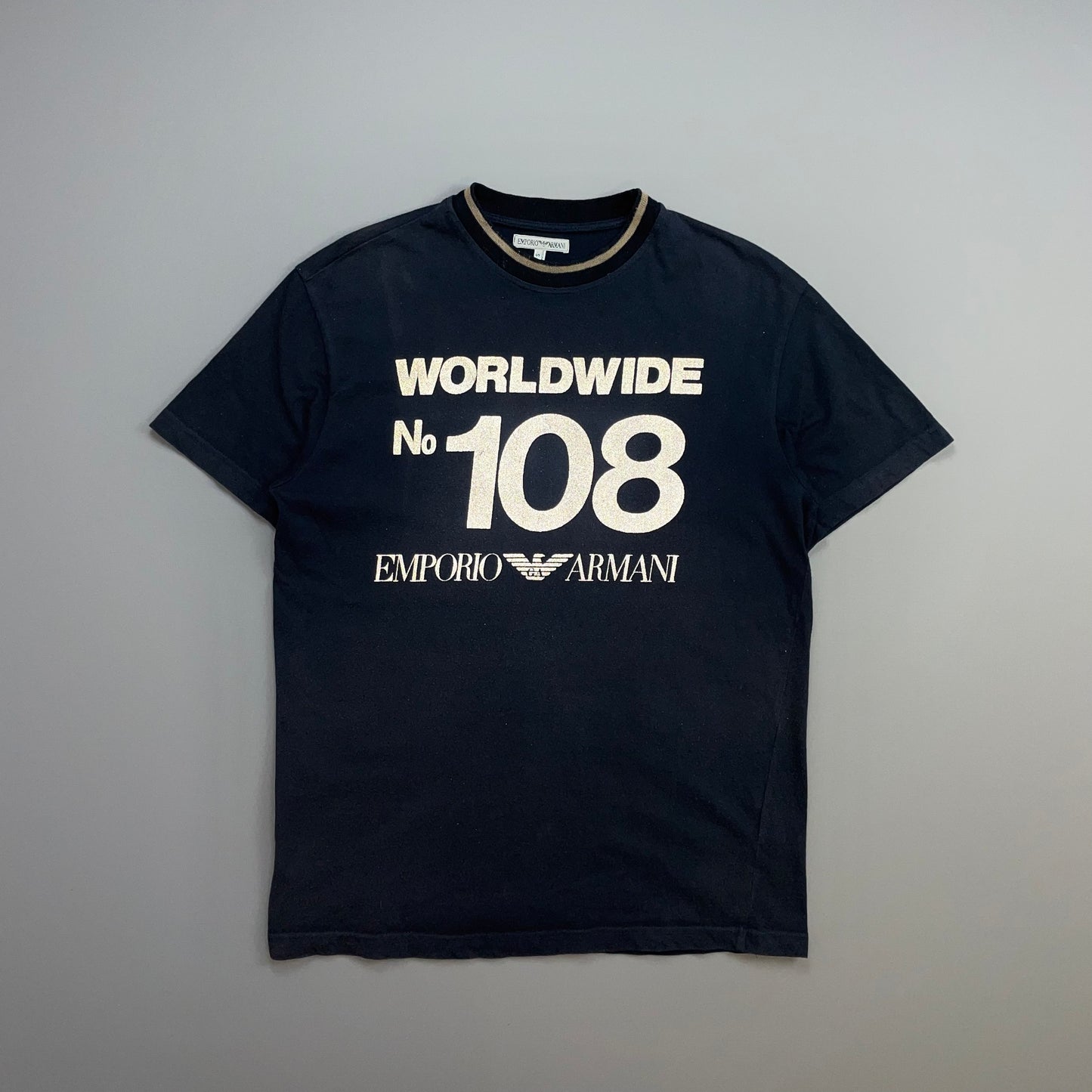 Emporio Armani Navy 1990s Reflective Print 'Worldwide' Tee