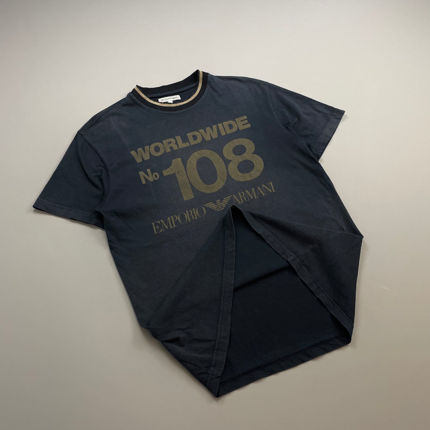 Emporio Armani Navy 1990s Reflective Print 'Worldwide' Tee
