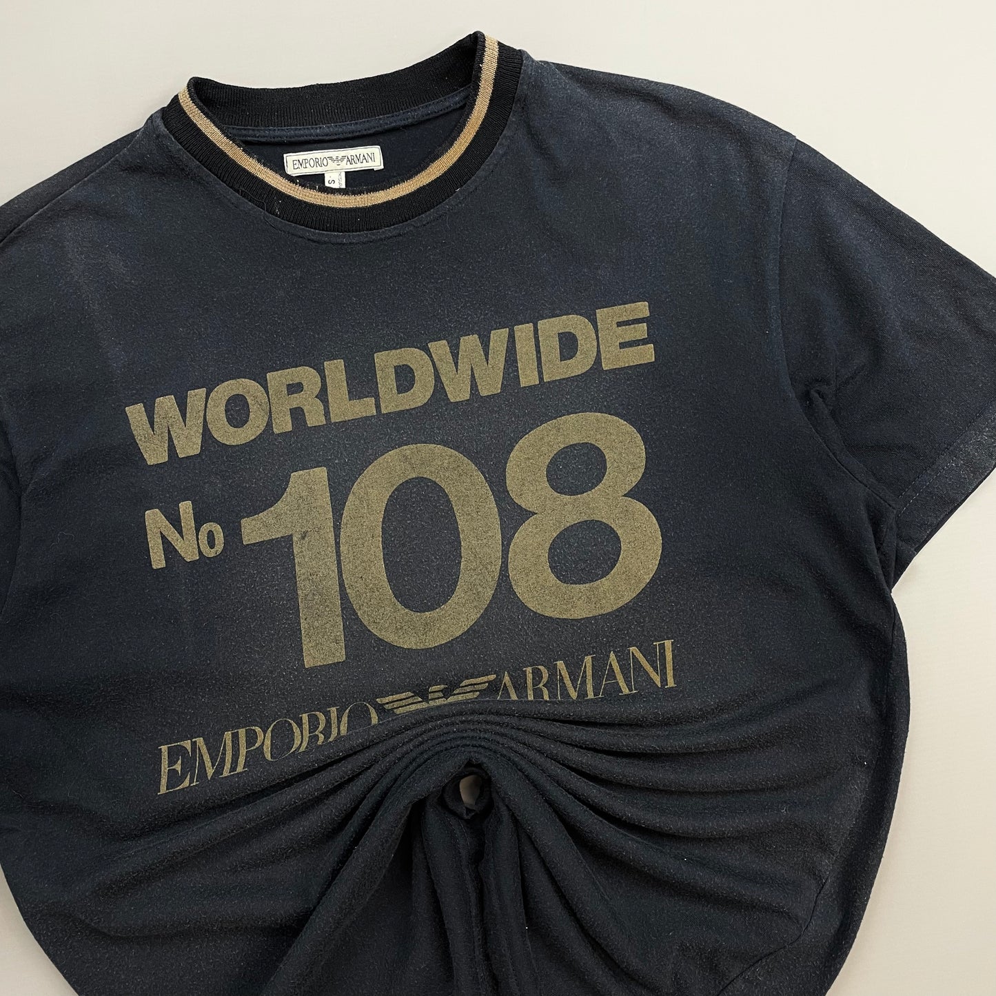 Emporio Armani Navy 1990s Reflective Print 'Worldwide' Tee