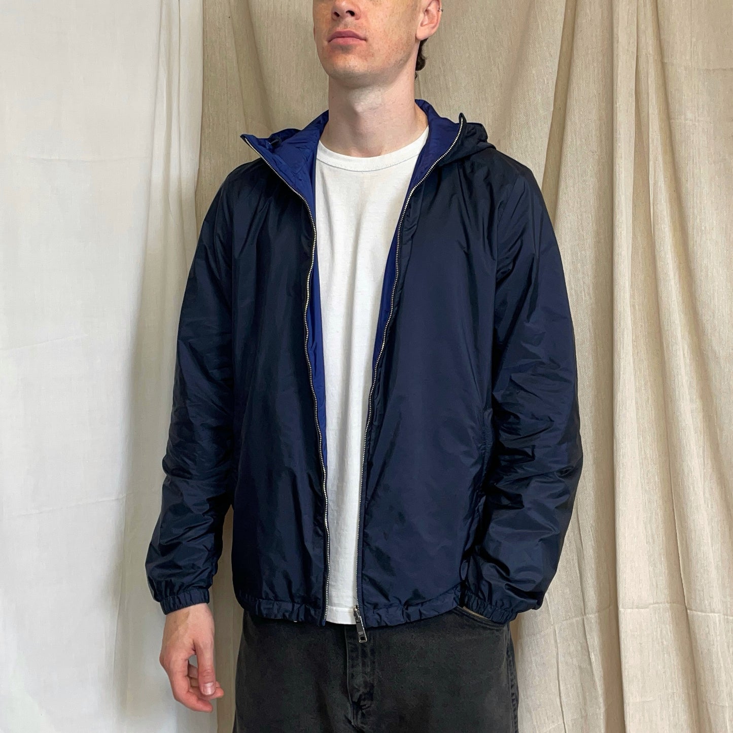 Prada Sport 2014 Navy & Iridescent Blue Reversible Resin-Coated Nylon Hooded Windbreaker Jacket