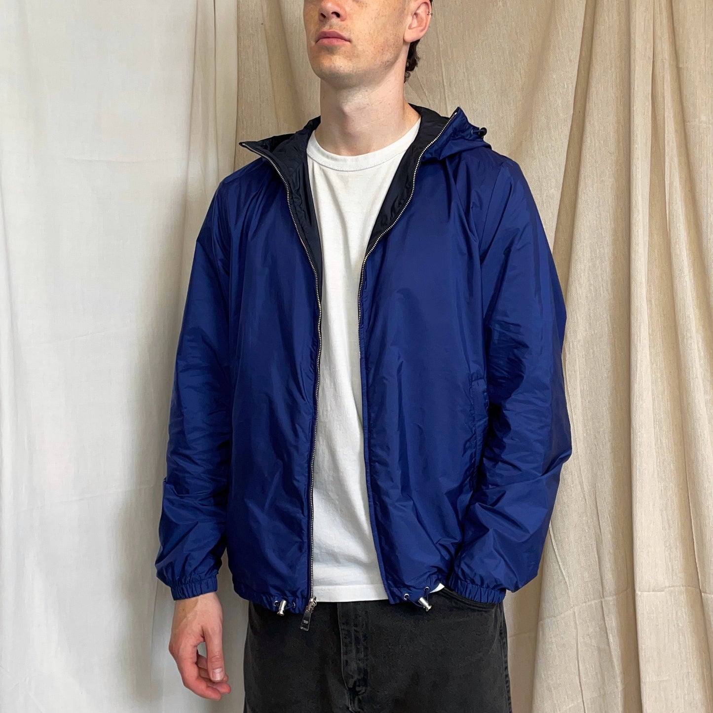Prada Sport 2014 Navy & Iridescent Blue Reversible Resin-Coated Nylon Hooded Windbreaker Jacket