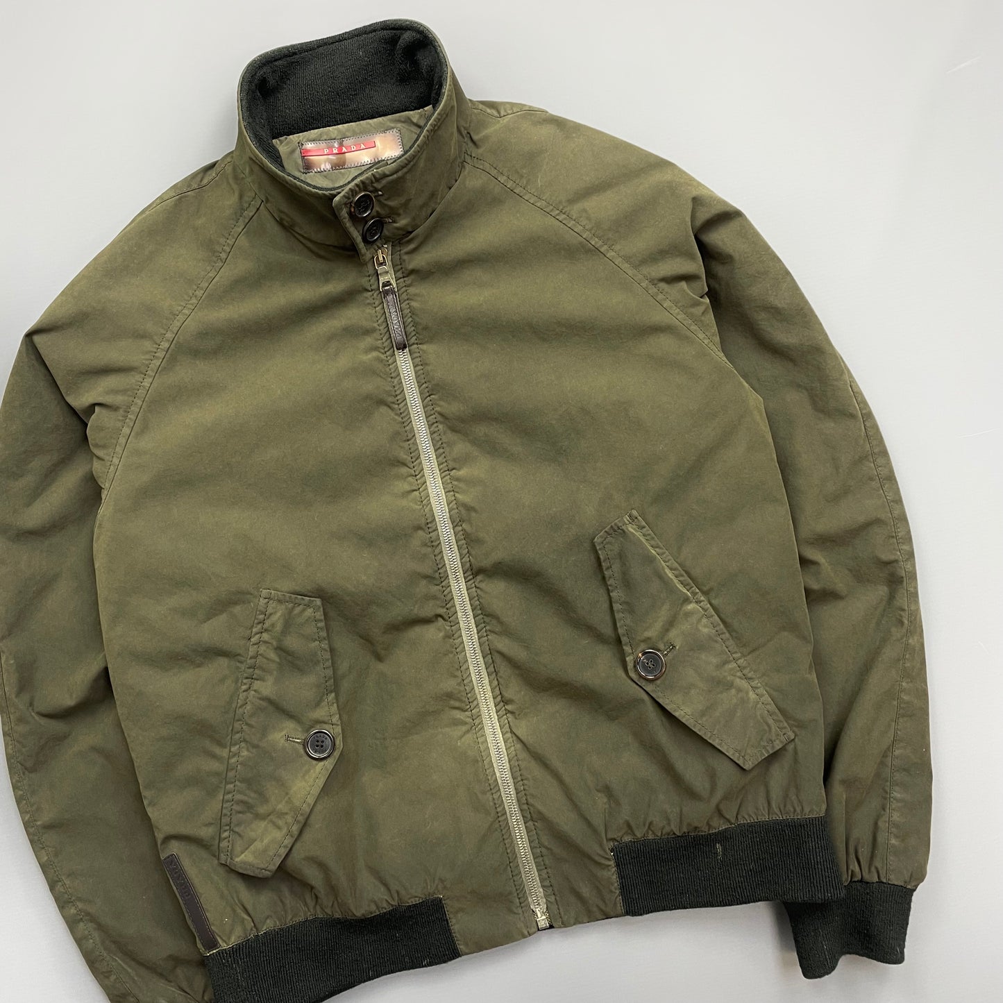 Prada Sport Green 2006 Leather Tab Padded Harrington Bomber Jacket