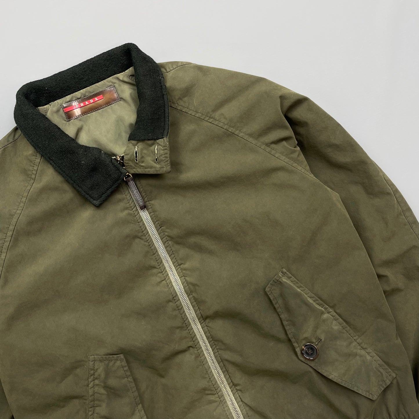 Prada Sport Green 2006 Leather Tab Padded Harrington Bomber Jacket
