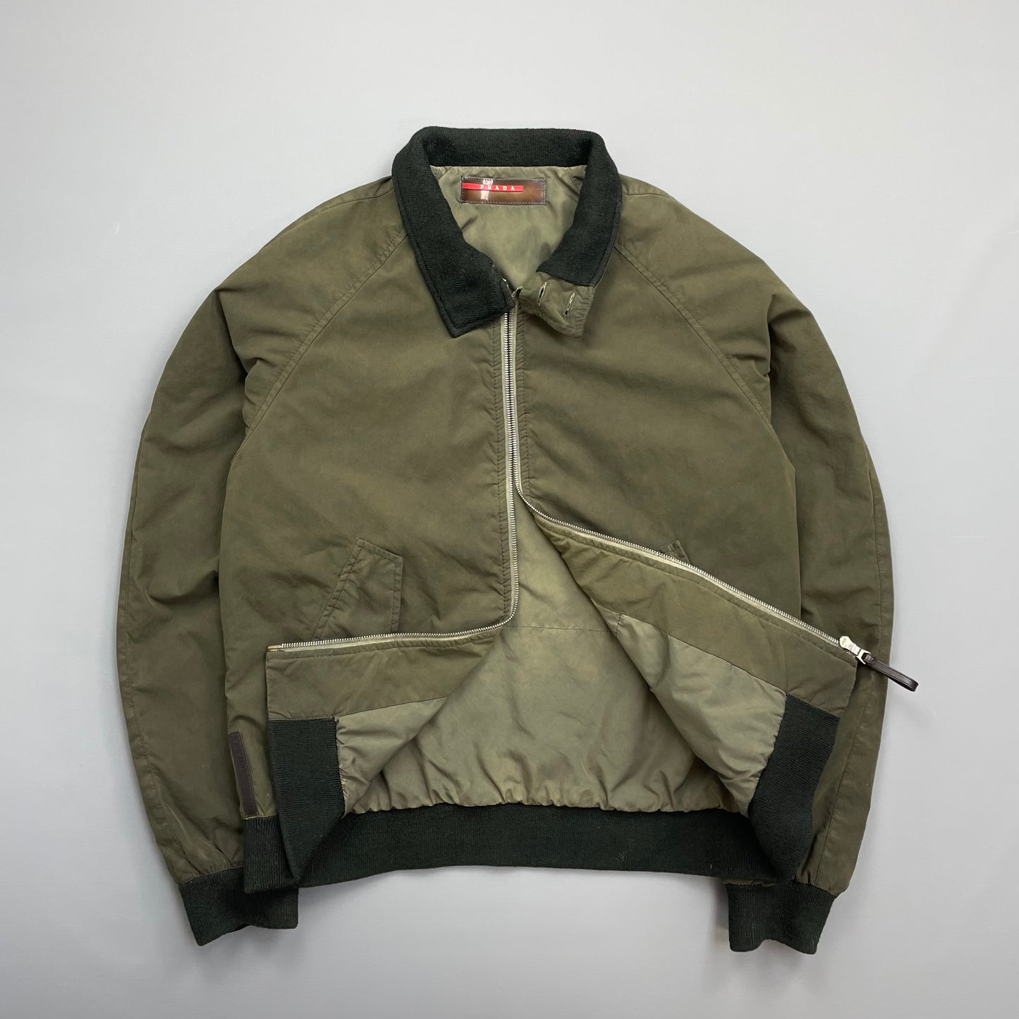 Prada Sport Green 2006 Leather Tab Padded Harrington Bomber Jacket