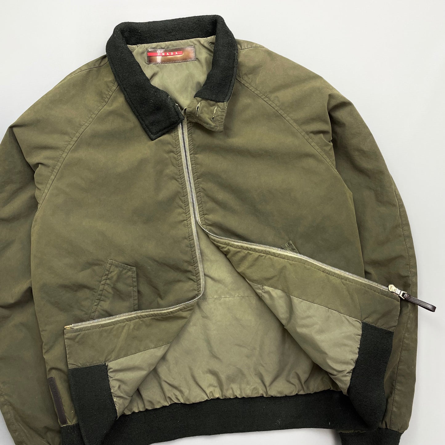 Prada Sport Green 2006 Leather Tab Padded Harrington Bomber Jacket