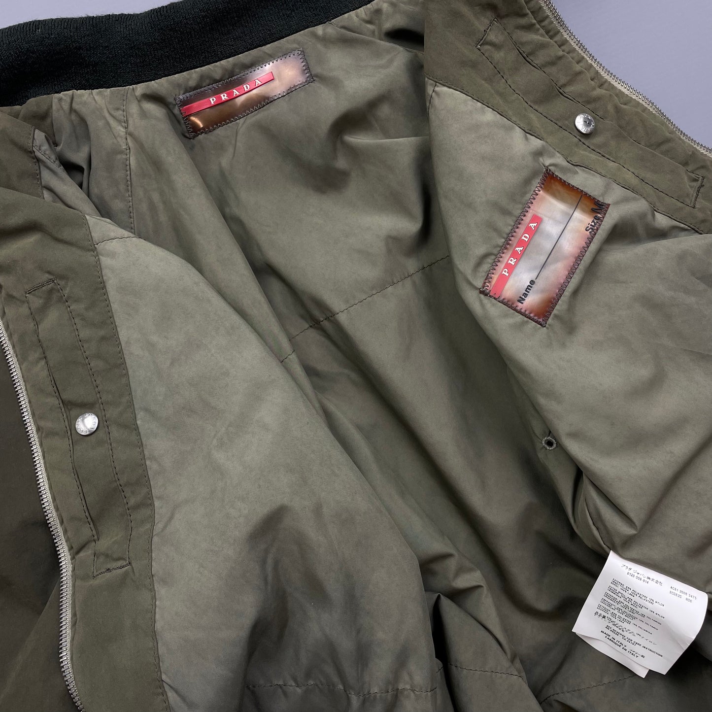 Prada Sport Green 2006 Leather Tab Padded Harrington Bomber Jacket