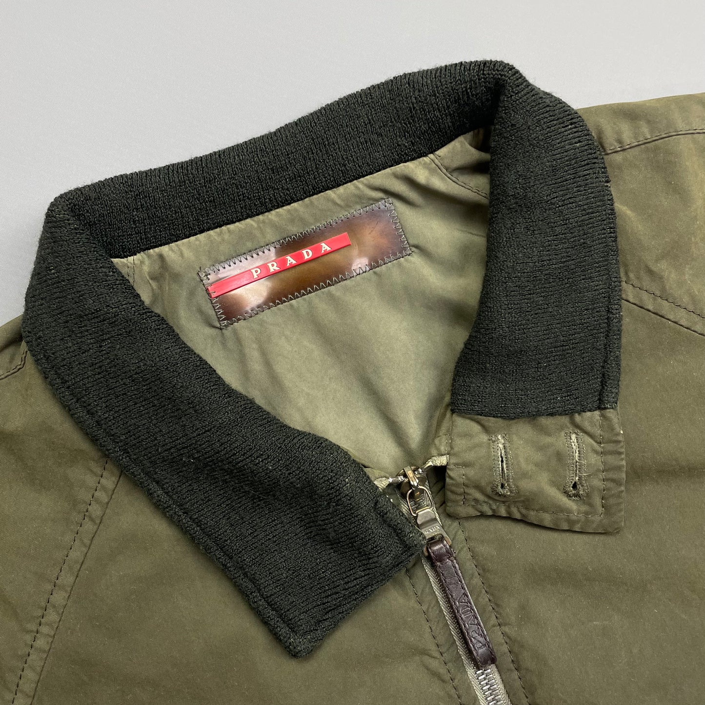 Prada Sport Green 2006 Leather Tab Padded Harrington Bomber Jacket