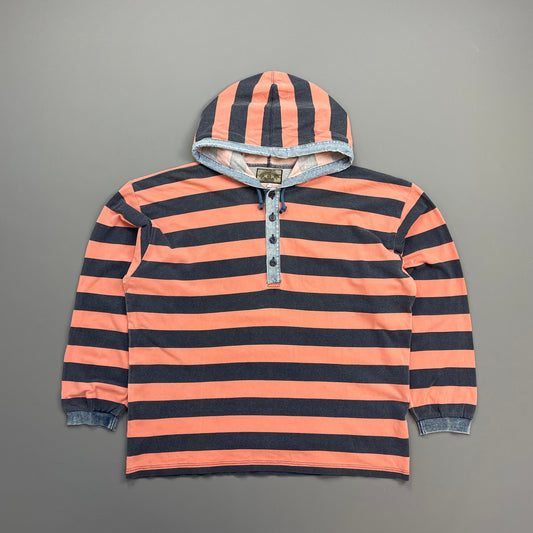 Armani Jeans Peach & Stone Grey 90s Canvas Cotton Hooded 'Stone Stripes' Pullover Jumper