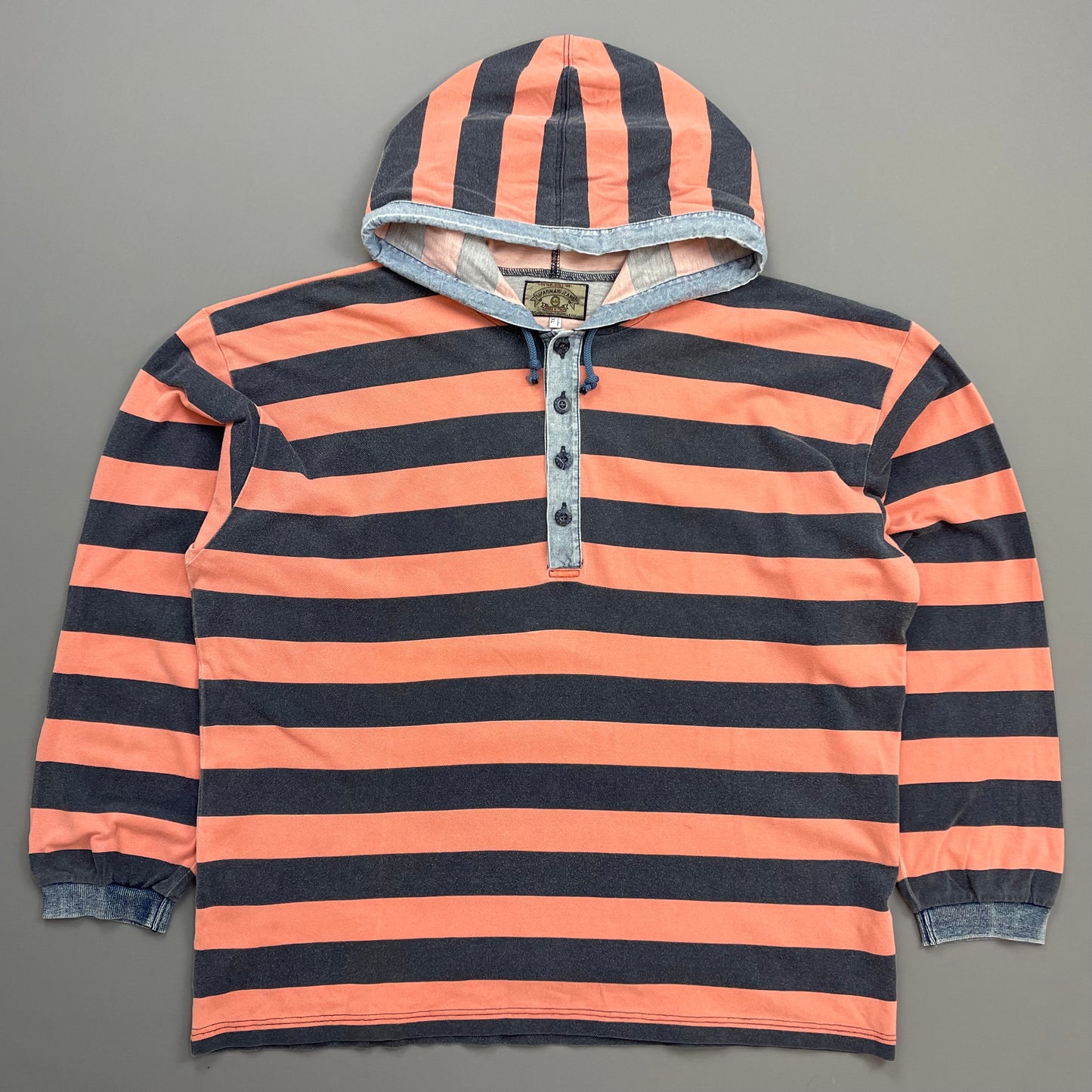 Armani Jeans Peach & Stone Grey 90s Canvas Cotton Hooded 'Stone Stripes' Pullover Jumper