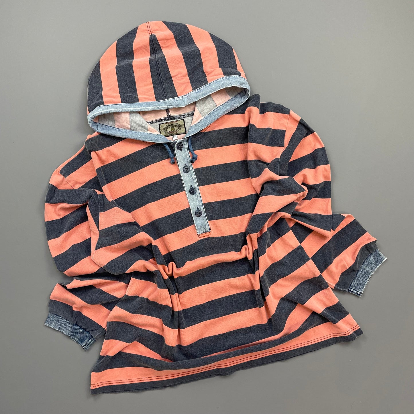 Armani Jeans Peach & Stone Grey 90s Canvas Cotton Hooded 'Stone Stripes' Pullover Jumper