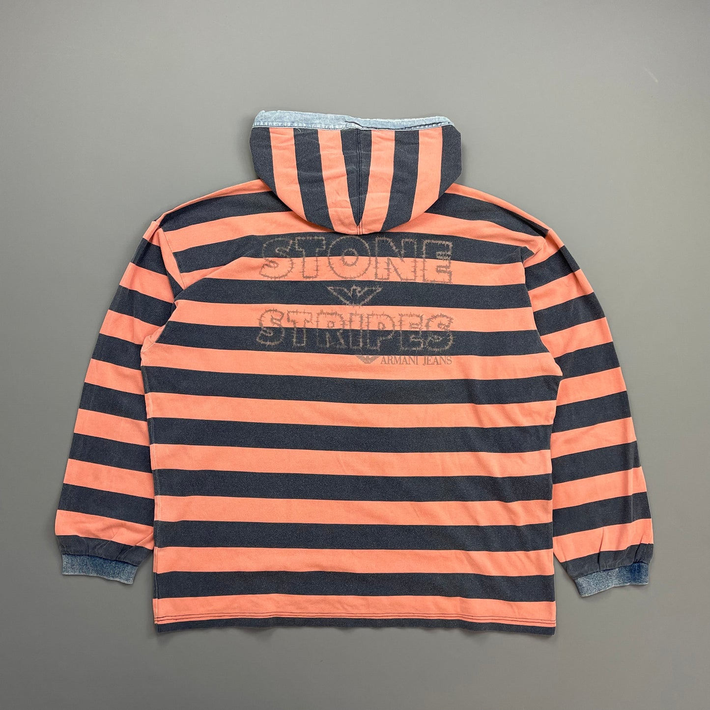 Armani Jeans Peach & Stone Grey 90s Canvas Cotton Hooded 'Stone Stripes' Pullover Jumper