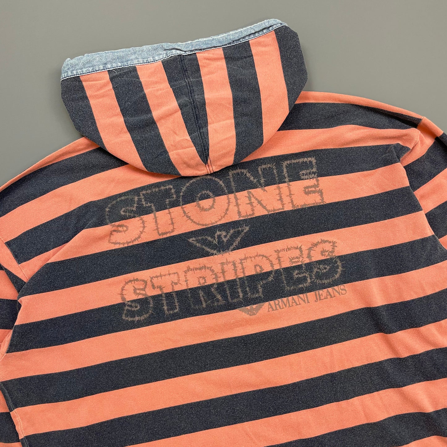 Armani Jeans Peach & Stone Grey 90s Canvas Cotton Hooded 'Stone Stripes' Pullover Jumper