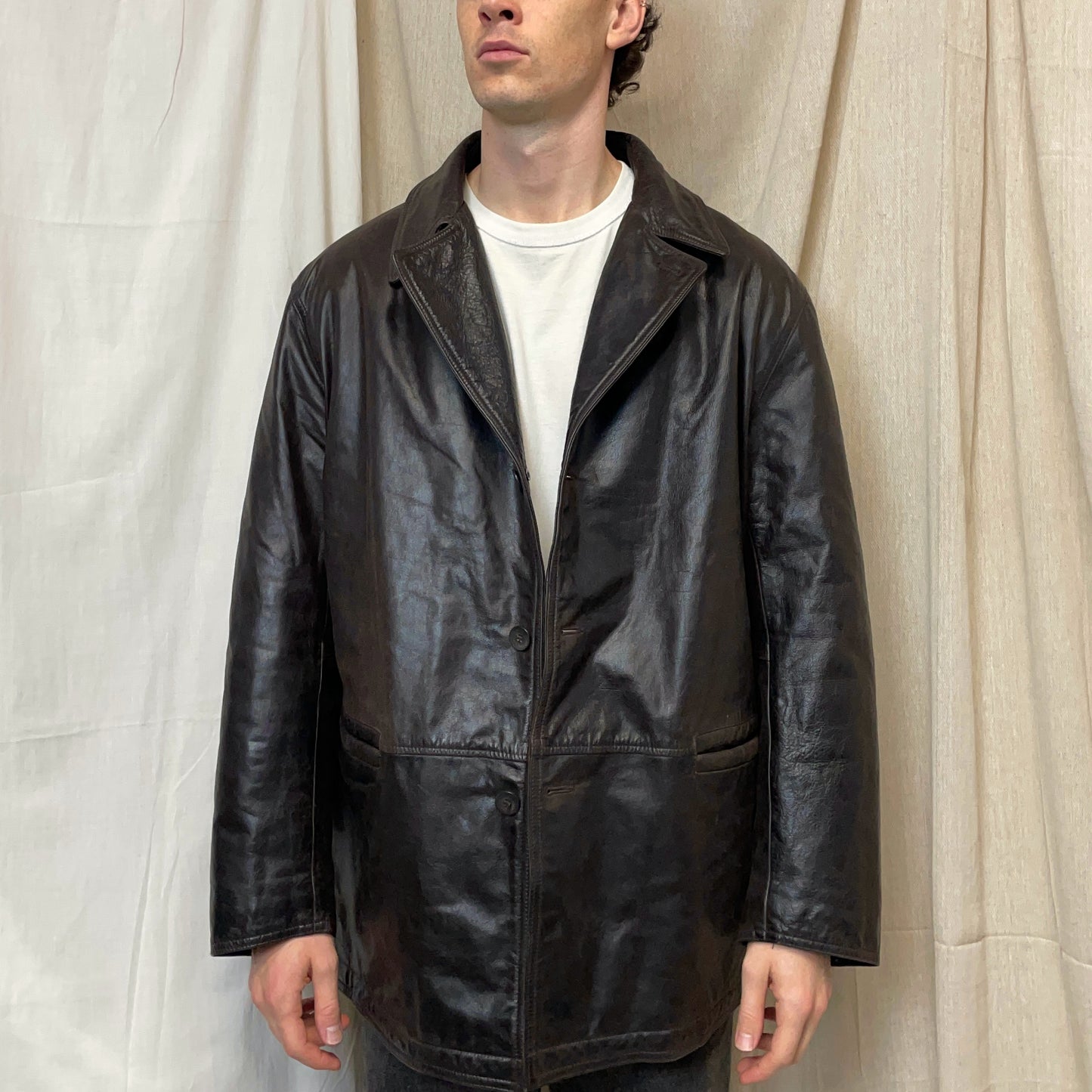 Armani Jeans Brown 90s Leather Overcoat