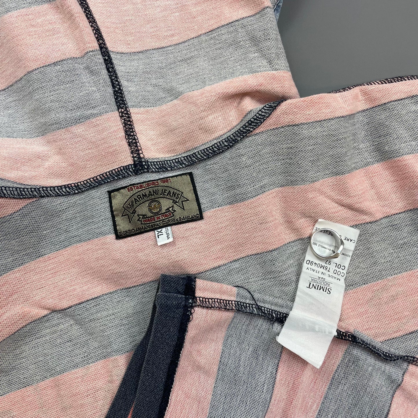 Armani Jeans Peach & Stone Grey 90s Canvas Cotton Hooded 'Stone Stripes' Pullover Jumper