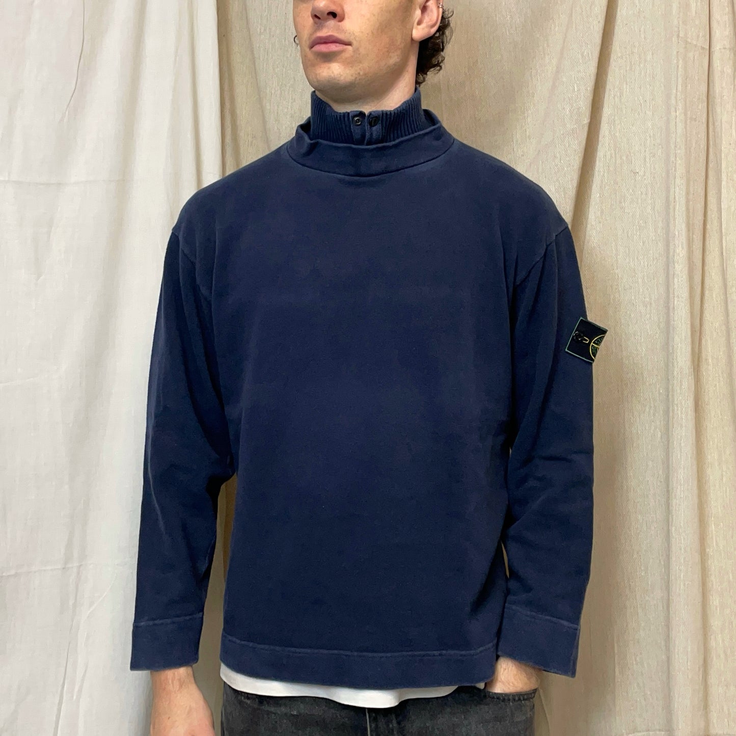 Stone Island Navy AW97 Dual Collar Green Edge Badge Jumper