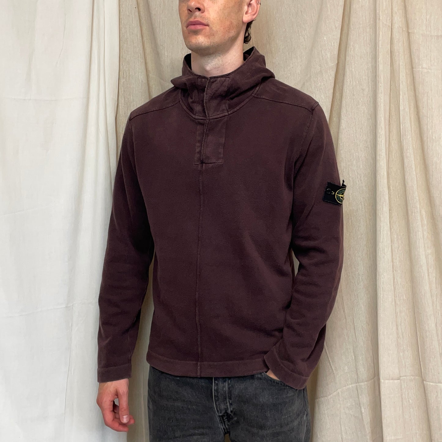 Stone Island Burgundy AW08 Button-Up Hooded Centre-Seam Pullover Jumper