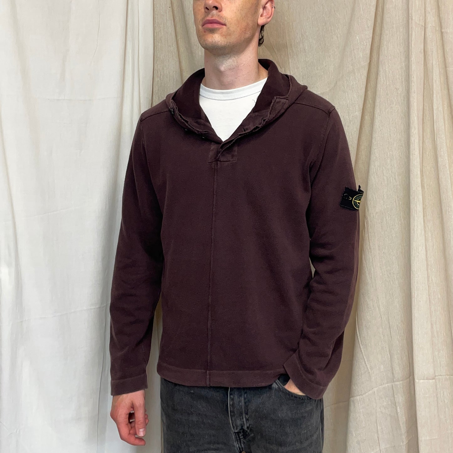 Stone Island Burgundy AW08 Button-Up Hooded Centre-Seam Pullover Jumper