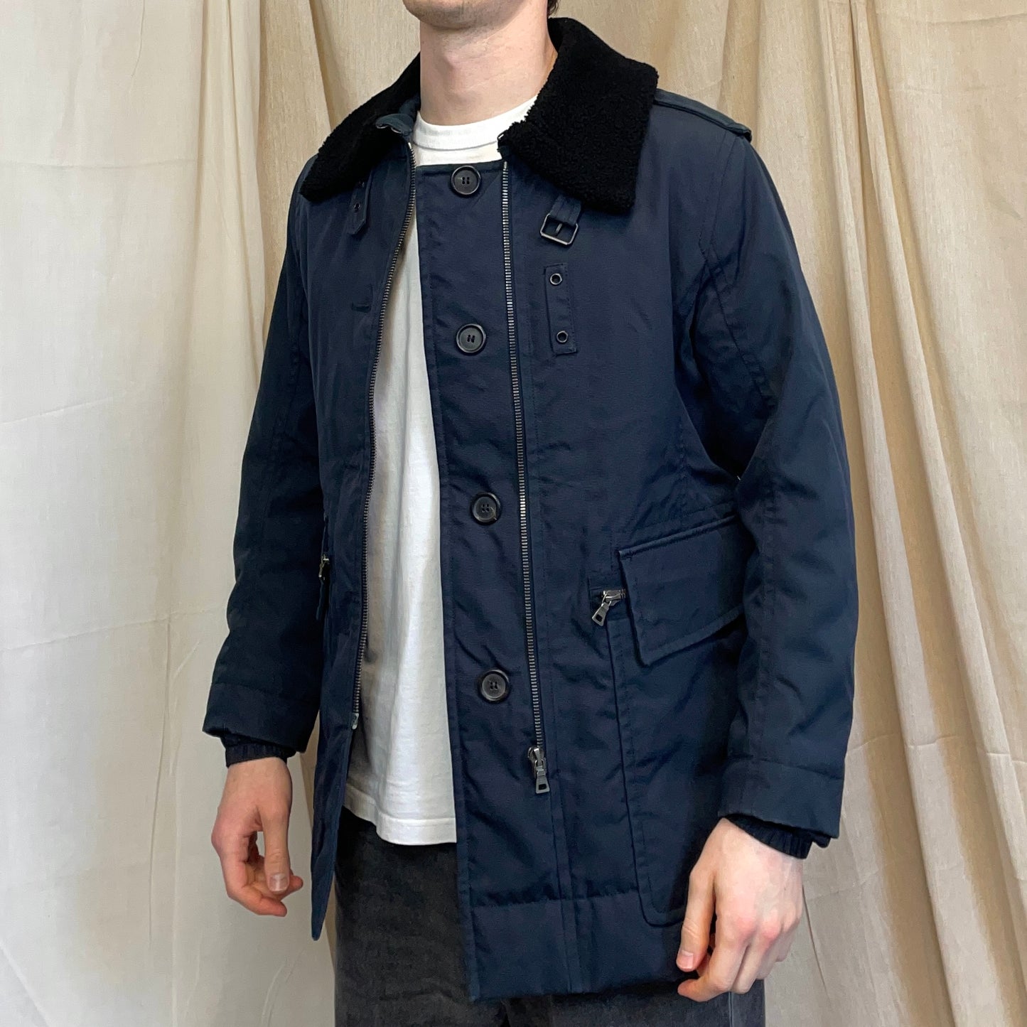 Prada Sport Blue Canvas Nylon Sheep Fur Collar Utility Padded Overcoat