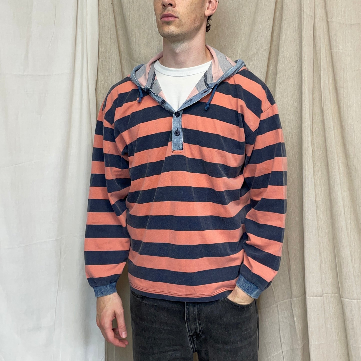 Armani Jeans Peach & Stone Grey 90s Canvas Cotton Hooded 'Stone Stripes' Pullover Jumper