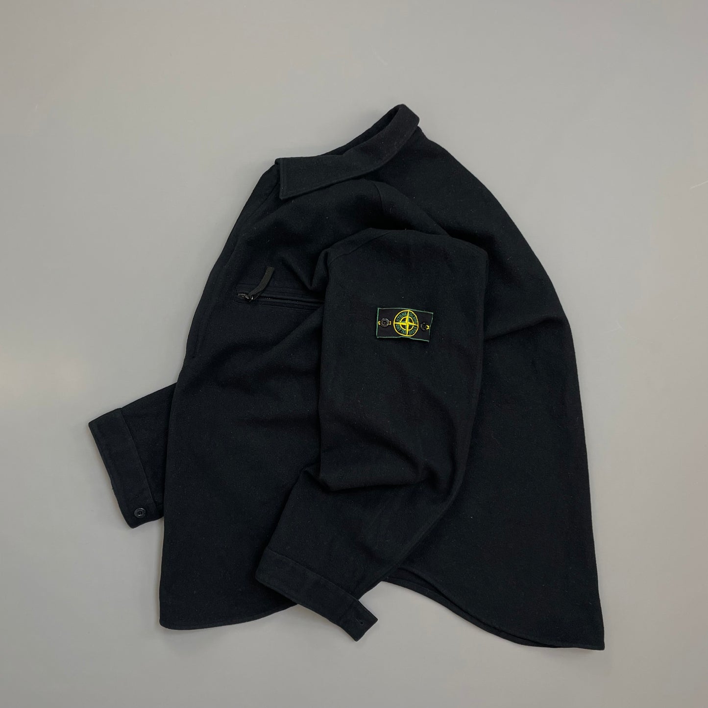 Stone Island Black AW98 Wool Half-Zip Green Edge Badge Smock Overshirt