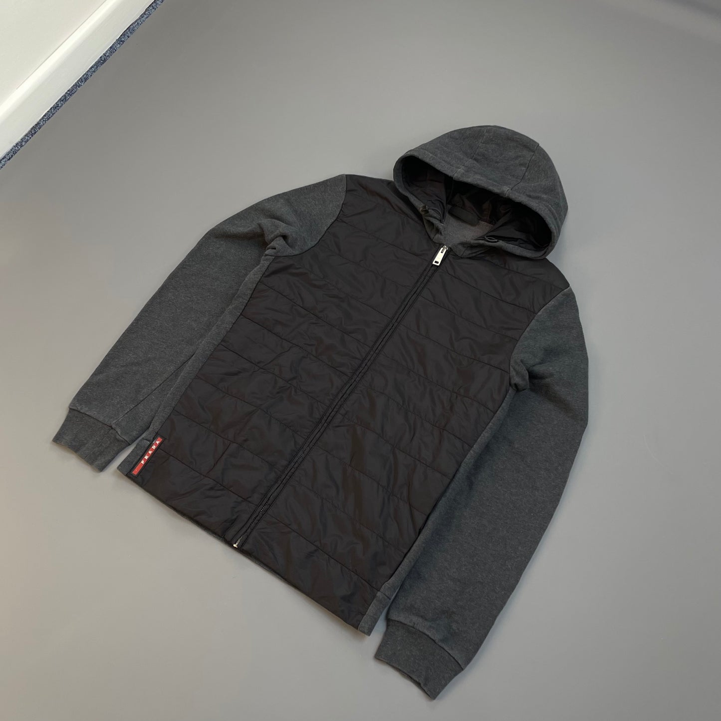 Prada Sport Grey 2016 Nylon Padded Hybrid Hooded Jacket