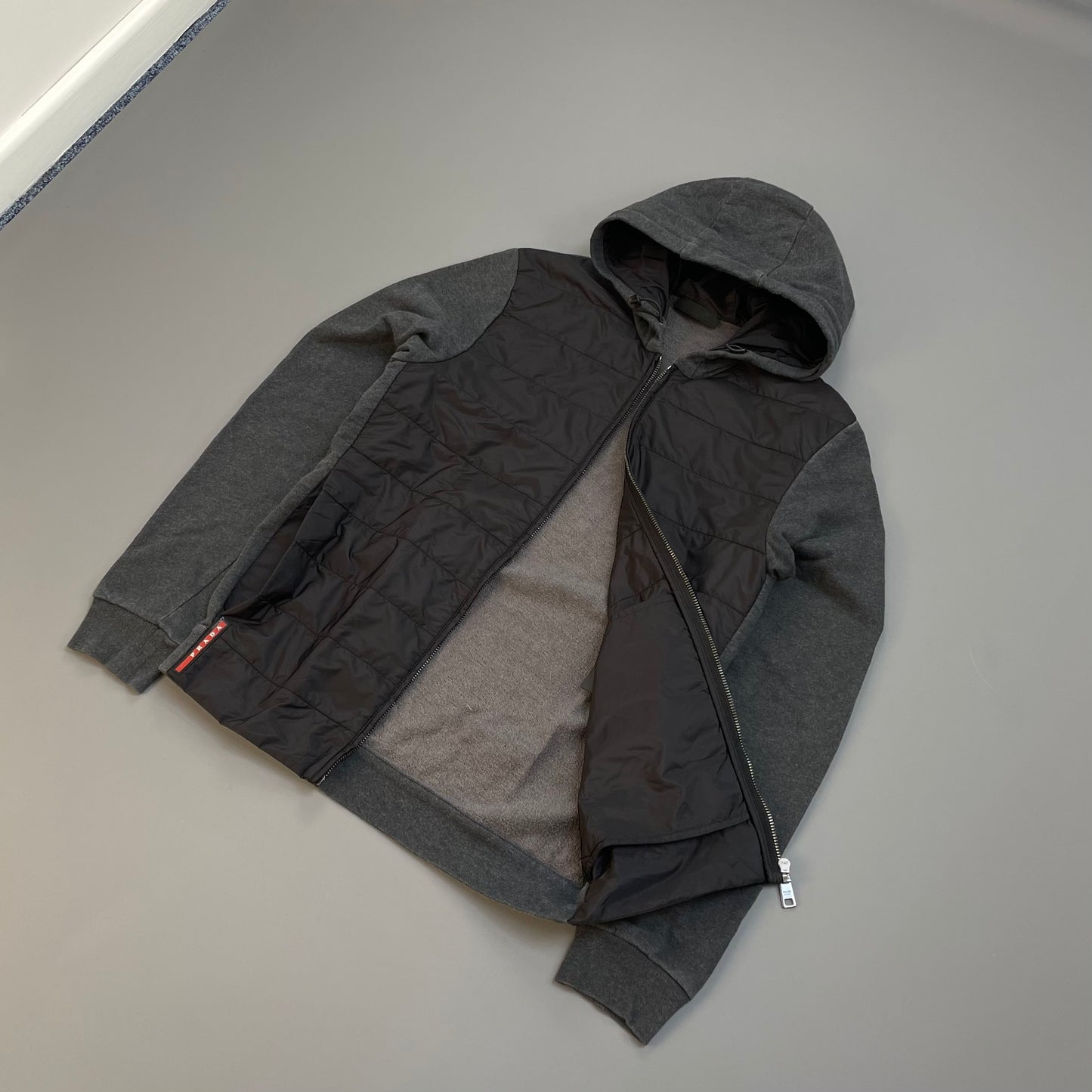 Prada Sport Grey 2016 Nylon Padded Hybrid Hooded Jacket