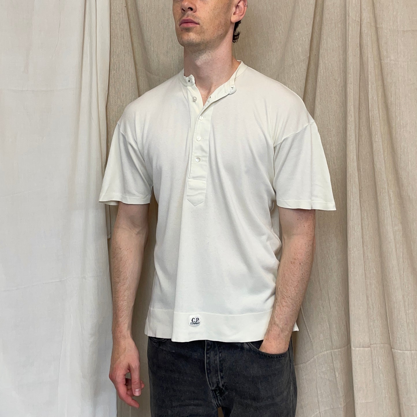 C.P. Company Cream 80s Ideas From Massimo Osti Ribbed Henley Button-Up T-Shirt