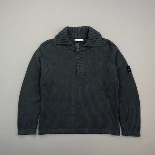 Stone Island Grey 90s Chunky Wool Knit Green Edge Badge Button-Up Jumper