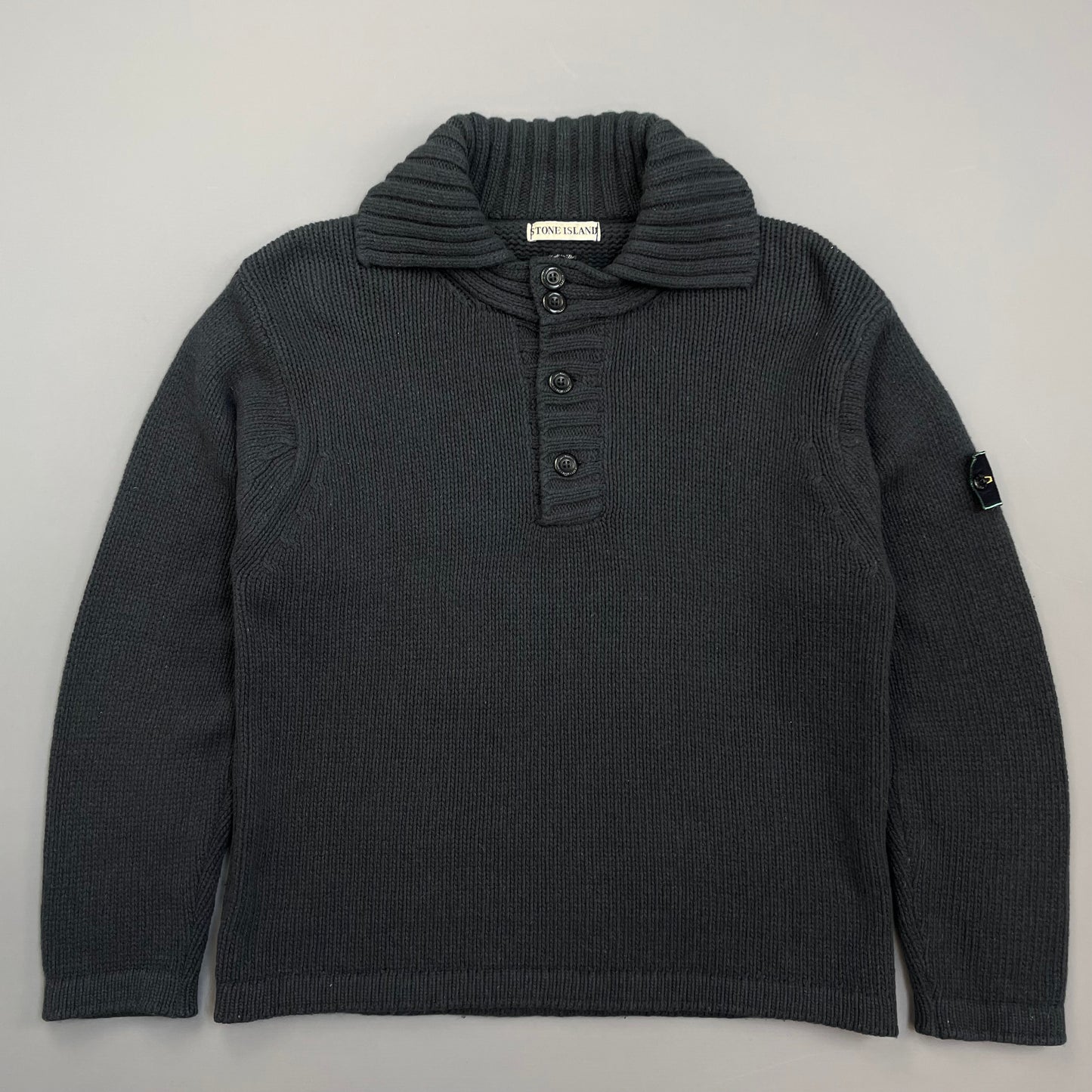 Stone Island Grey 90s Chunky Wool Knit Green Edge Badge Button-Up Jumper
