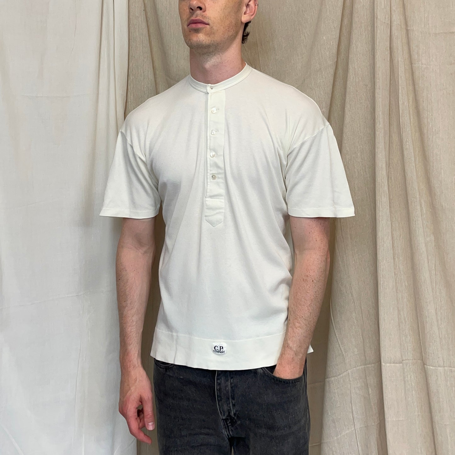 C.P. Company Cream 80s Ideas From Massimo Osti Ribbed Henley Button-Up T-Shirt