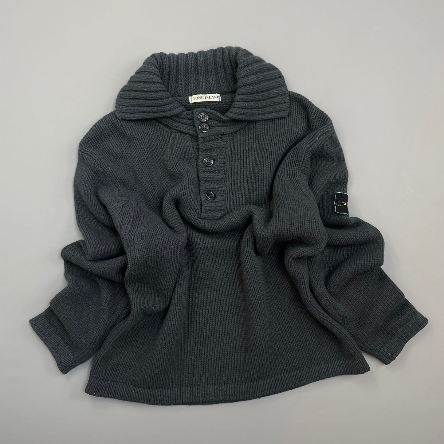 Stone Island Grey 90s Chunky Wool Knit Green Edge Badge Button-Up Jumper