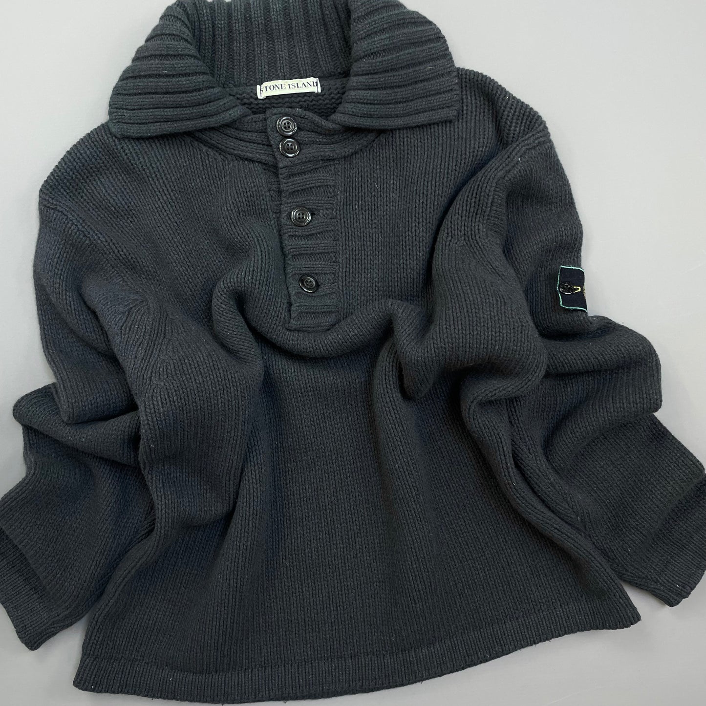Stone Island Grey 90s Chunky Wool Knit Green Edge Badge Button-Up Jumper