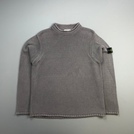 Stone Island Grey SS00 Heavyweight Raw-Edge Collar Knit Jumper