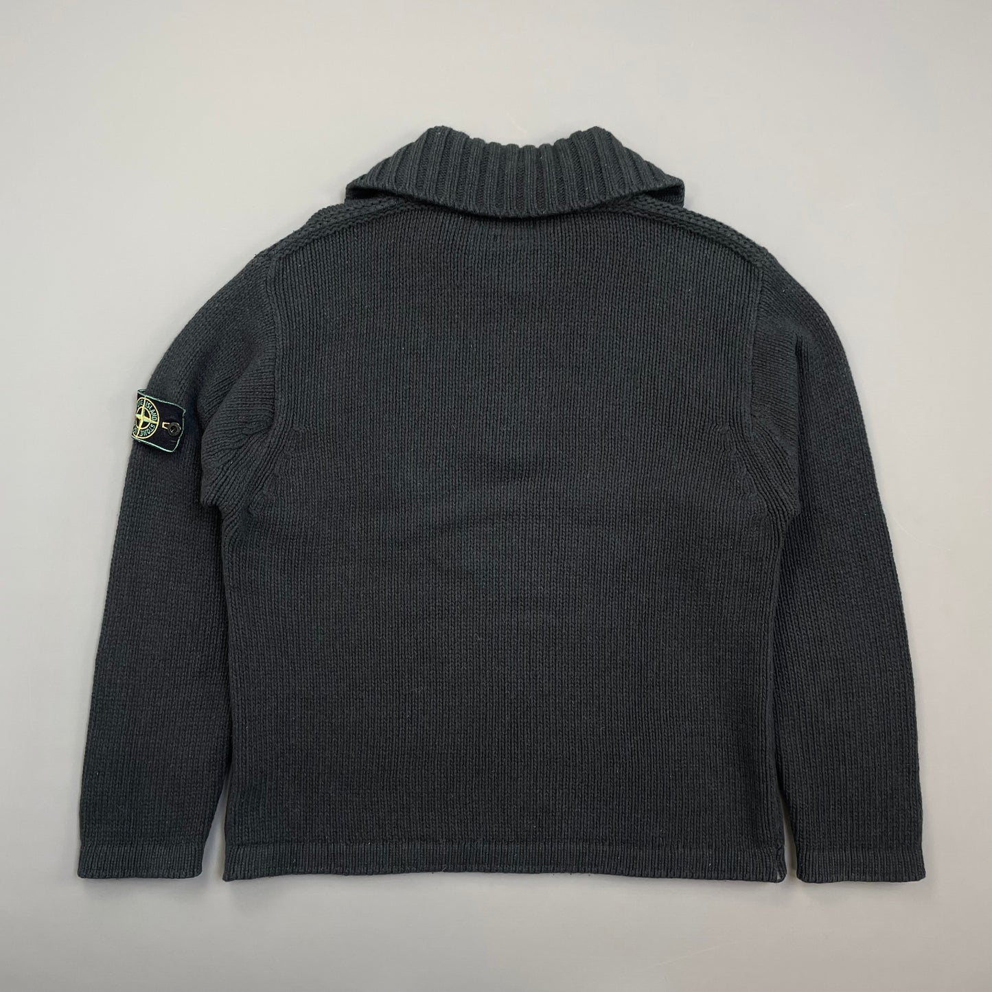 Stone Island Grey 90s Chunky Wool Knit Green Edge Badge Button-Up Jumper