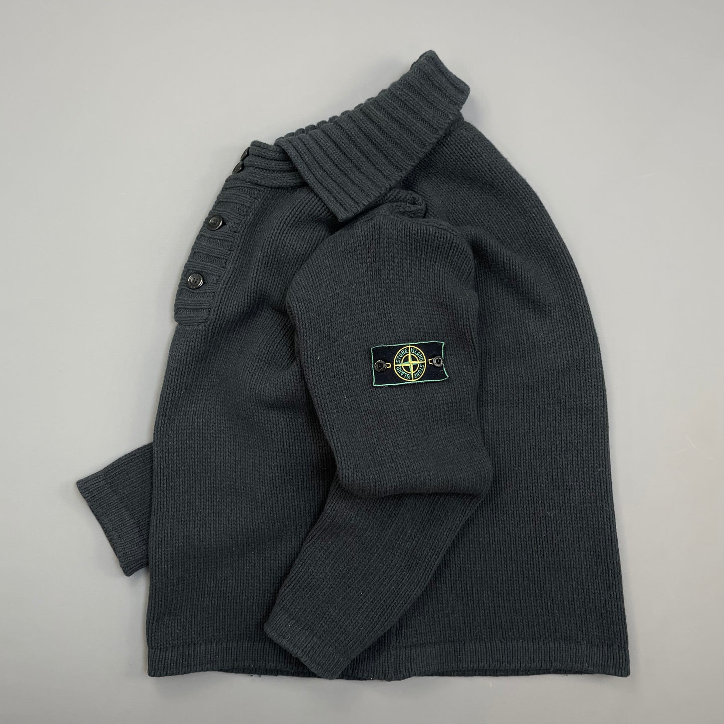 Stone Island Grey 90s Chunky Wool Knit Green Edge Badge Button-Up Jumper