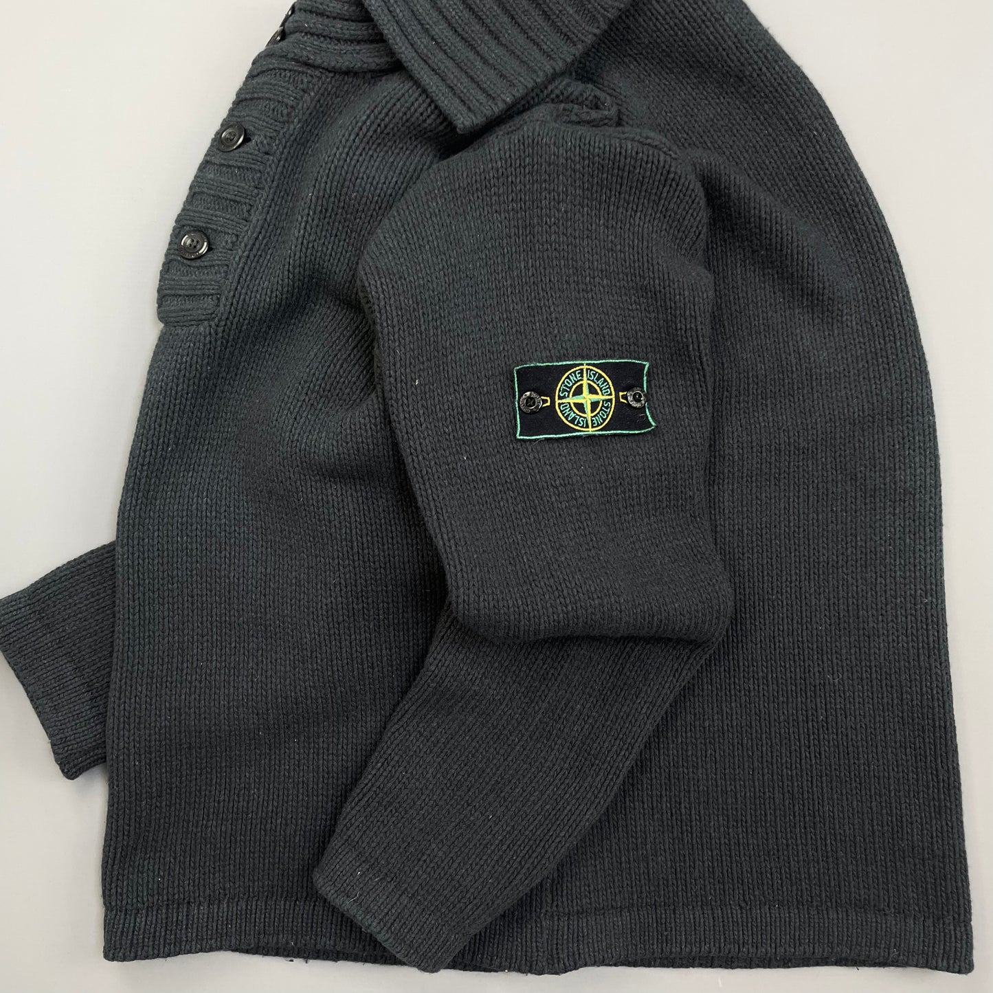 Stone Island Grey 90s Chunky Wool Knit Green Edge Badge Button-Up Jumper