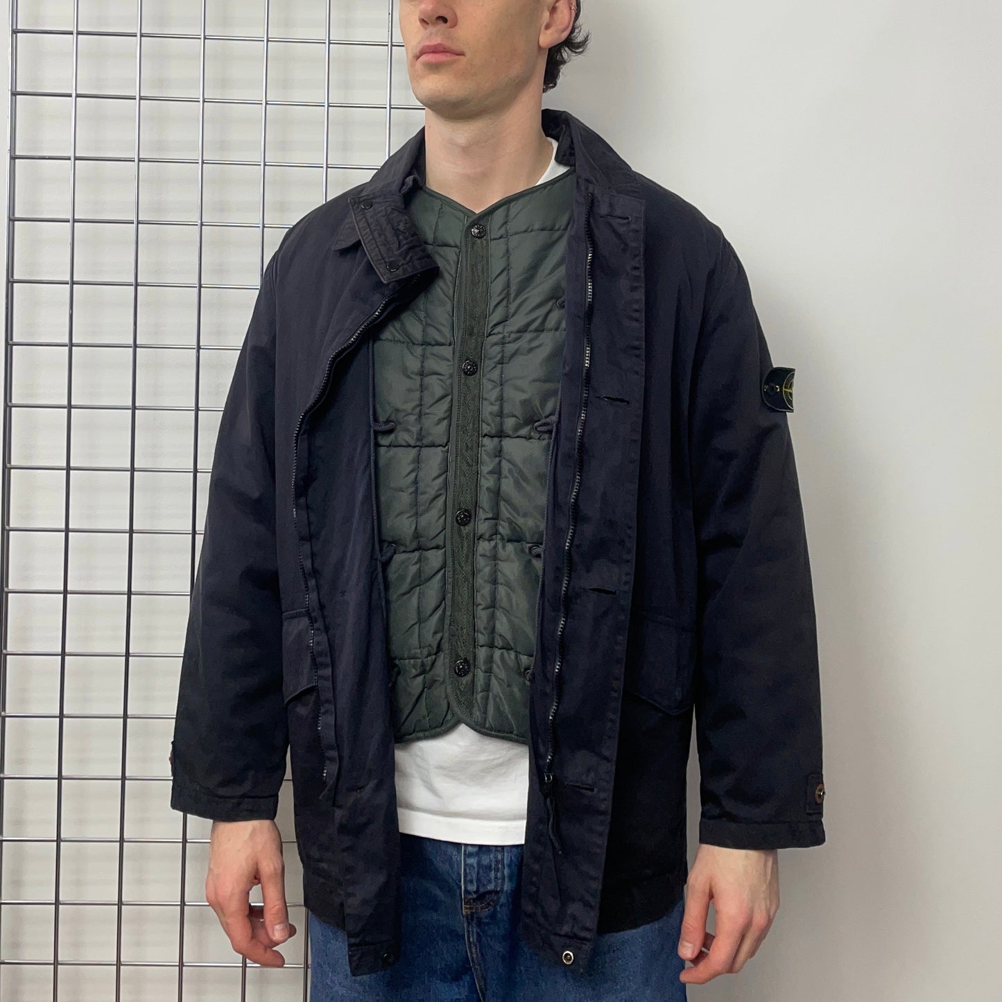Stone Island Navy AW98 Liner Raso Gommato Green Edge Badge Overcoat Jacket