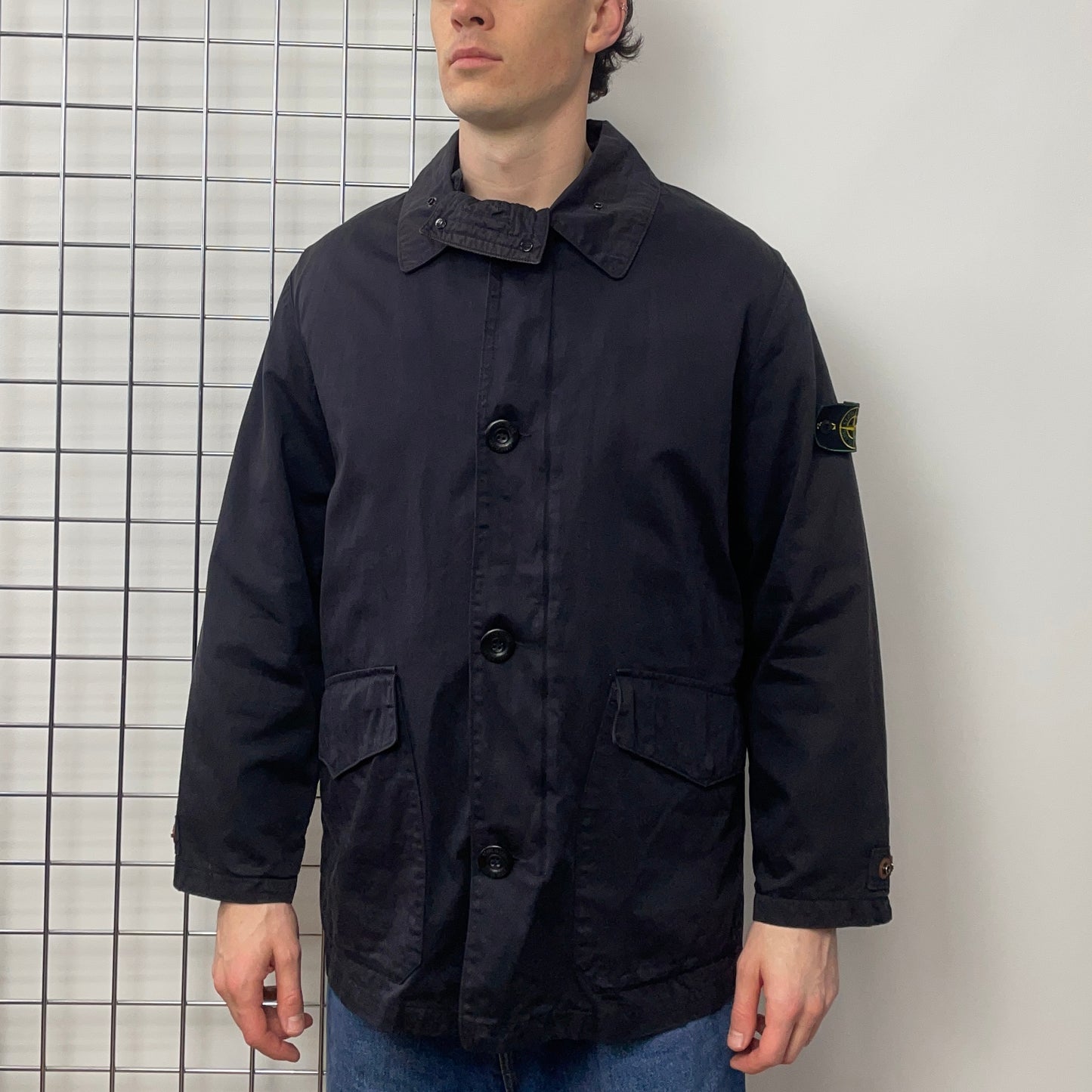Stone Island Navy AW98 Liner Raso Gommato Green Edge Badge Overcoat Jacket