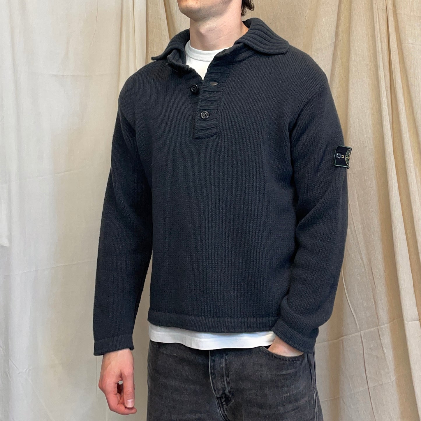 Stone Island Grey 90s Chunky Wool Knit Green Edge Badge Button-Up Jumper