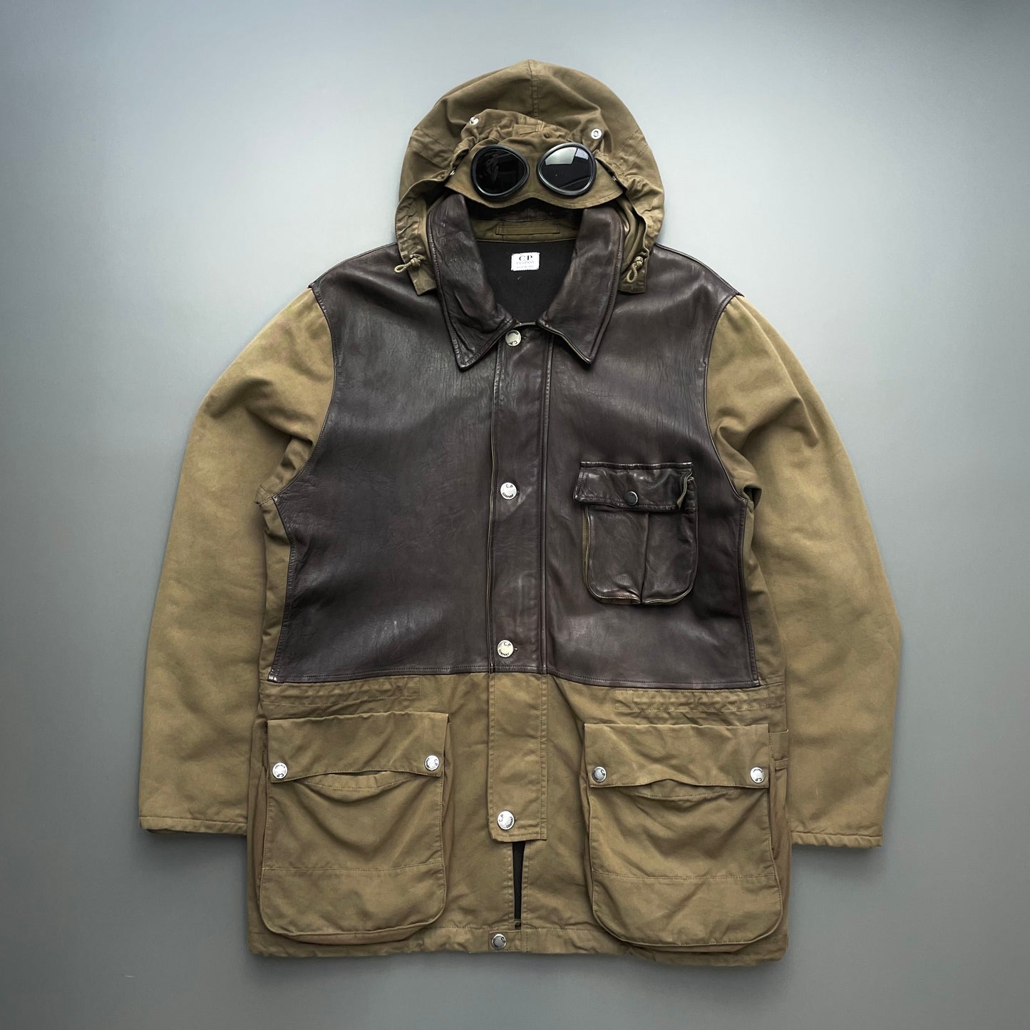 C.P. Company Brown & Khaki AW05 Leather Green Lens Mille Miglia Goggle Jacket