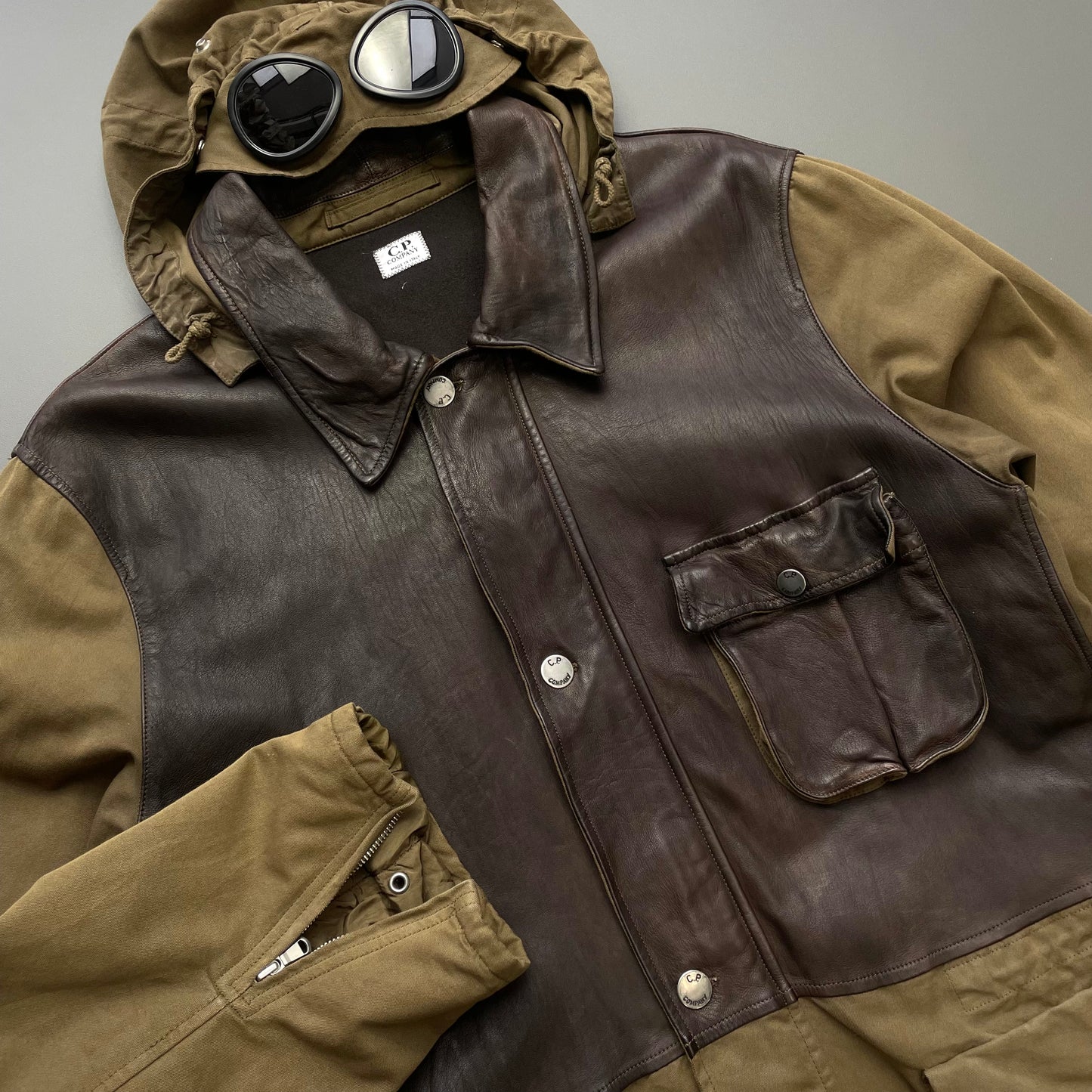C.P. Company Brown & Khaki AW05 Leather Green Lens Mille Miglia Goggle Jacket